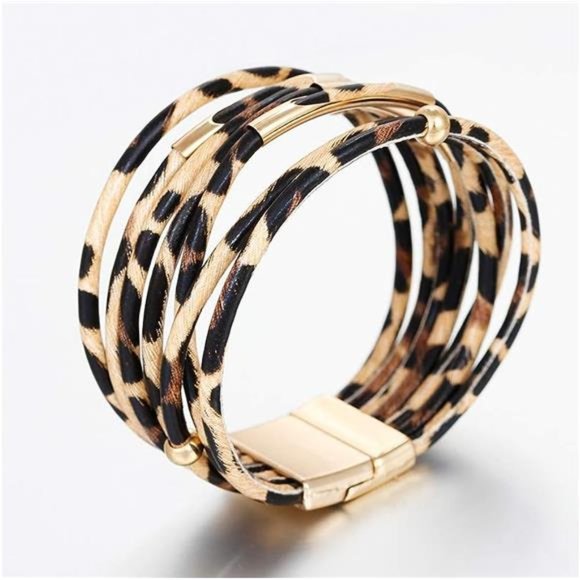 Leopard Bracelet for Women, Boho Leather Wrap Multi-Layer Pearl Crystal Bracelet - Picture 6 of 6
